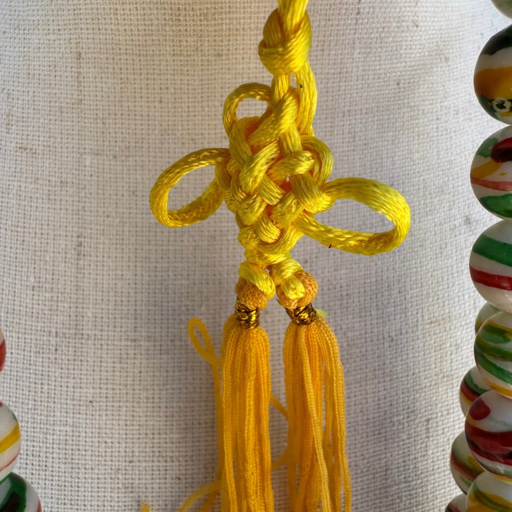 Hand Painted Striped Glass Bead Necklace Yellow Tassel Chinese Knot Multicolor - Picture 8 of 10